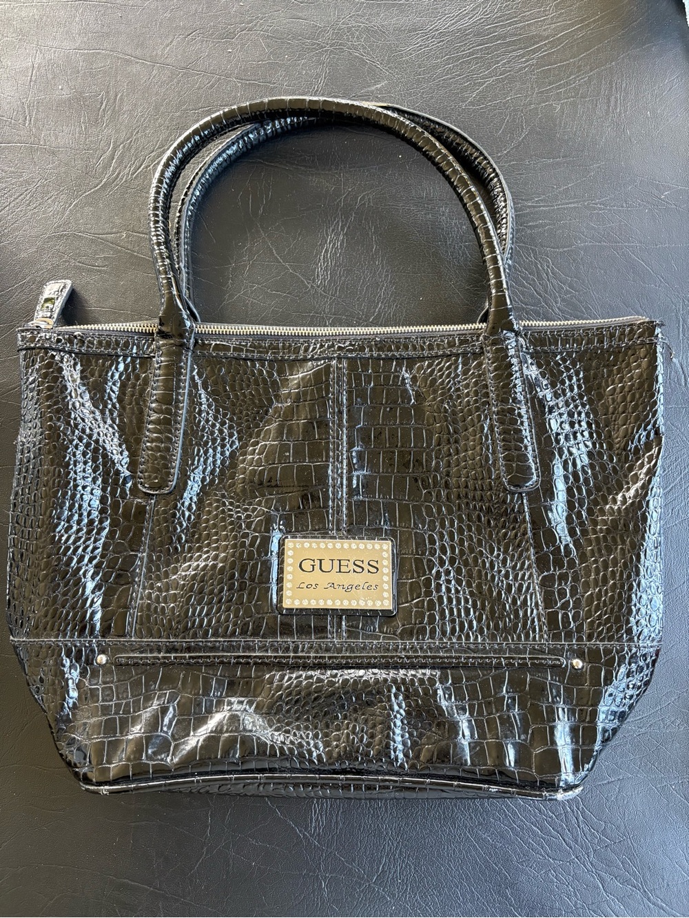 Vintage Y2K GUESS Black Croc Patent Tote Leopard Lining Rhinestone Logo